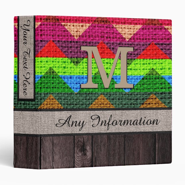 Monogram Chevron Zigzag Pattern Burlap Look Wood Binder (Front/Spine)