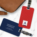 Monogram Chic Blue Ribbon Red Polka Dot Luggage Tag<br><div class="desc">Travel in style with this chic monogram luggage tag featuring a red bordered square with a blue ribbon against a red and white polka dot pattern. Personalize it by replacing the placeholder text. For more options such as to change the font and it's size/colour or the spacing between letters click...</div>
