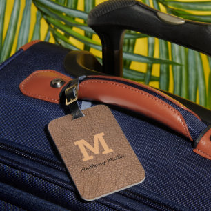 Monogram Chic Brown Leather Name Script Modern Luggage Tag