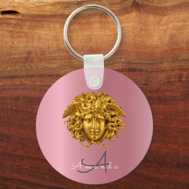 Monogram Chic Couture Gold Medusa Mask Rose Gold Keychain (Front)