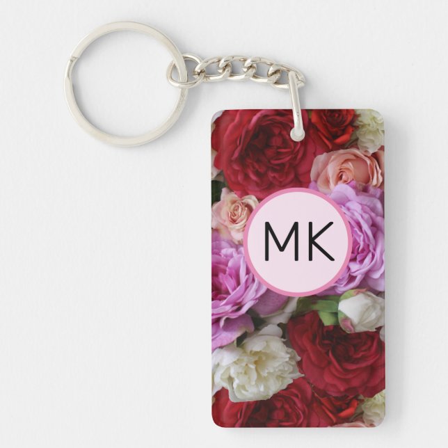 Monogram Chic Floral Pink and Red Flowers Keychain (Front)