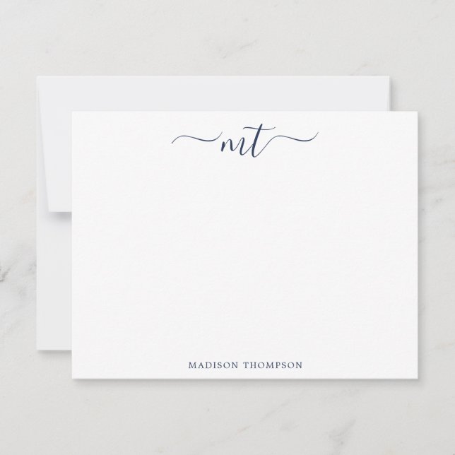 Monogram Chic Navy Blue Personalized Stationery Card (Front)