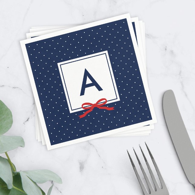 Monogram Chic Red Ribbon Blue Polka Dot Pattern Napkin (Creator Uploaded)