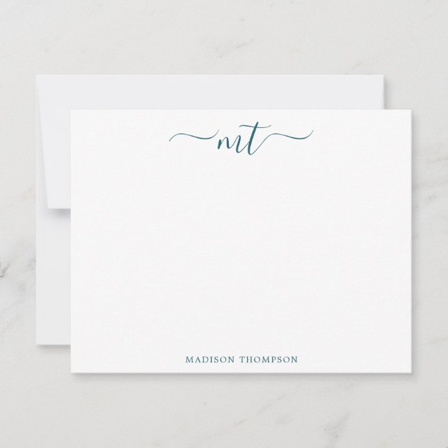 Monogram Chic Trendy Teal Personalized Stationery Card (Front)