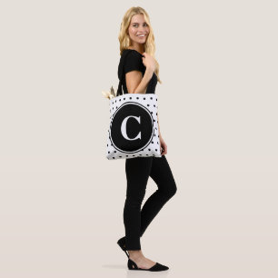 Monogram Chic White Black Polka Dots Tote Bag