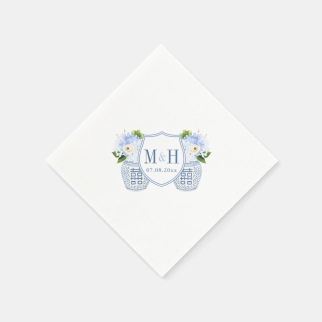 Monogram Chinoiserie Chic Blue And White Wedding Napkin (Corner)