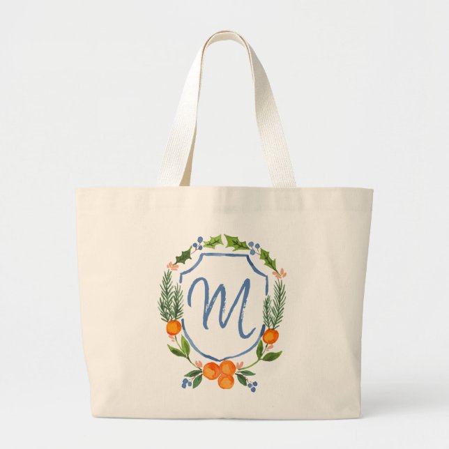 Monogram Chinoiserie Citrus Crest Large Tote Bag (Front)