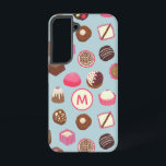 Monogram Chocolate Candy Confectionery Samsung Galaxy Case<br><div class="desc">Delicious chocolate and candy confectionery pattern on a duck egg blue background full of sweet treats and temptations!  Change the monogram initial to customize.</div>