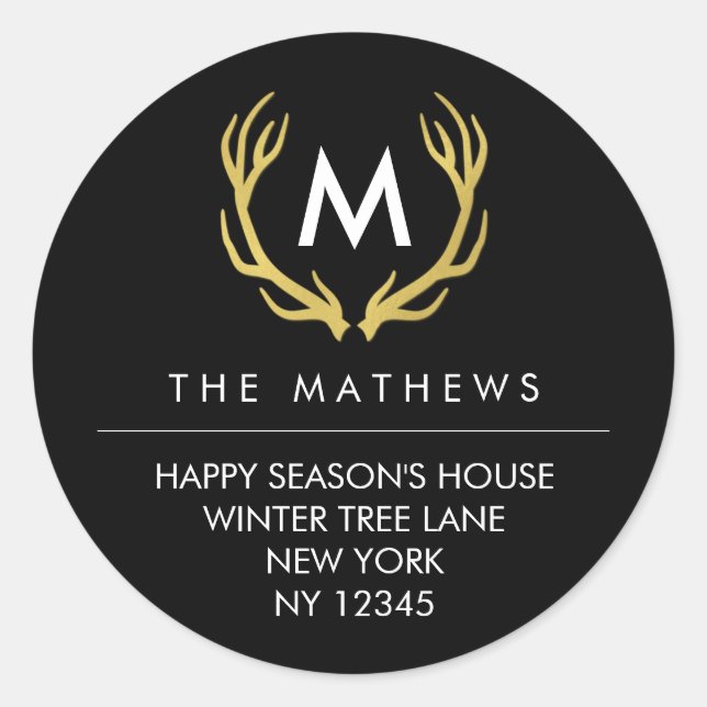 Monogram Christmas Antlers Return Address Label (Front)