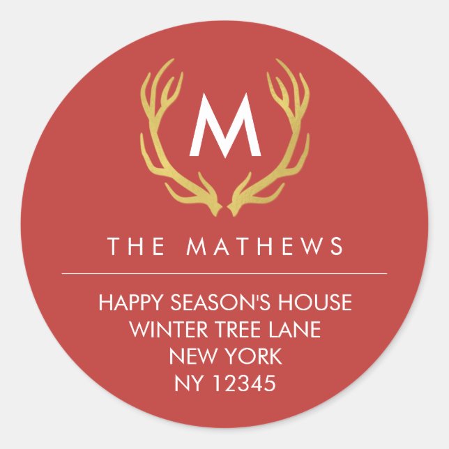 Monogram Christmas Antlers Return Address Label (Front)