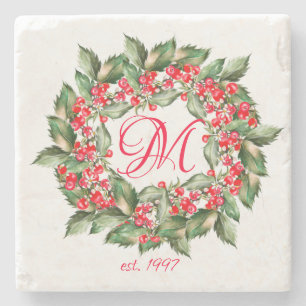 Monogram Christmas Berries Wreath Stone Coaster