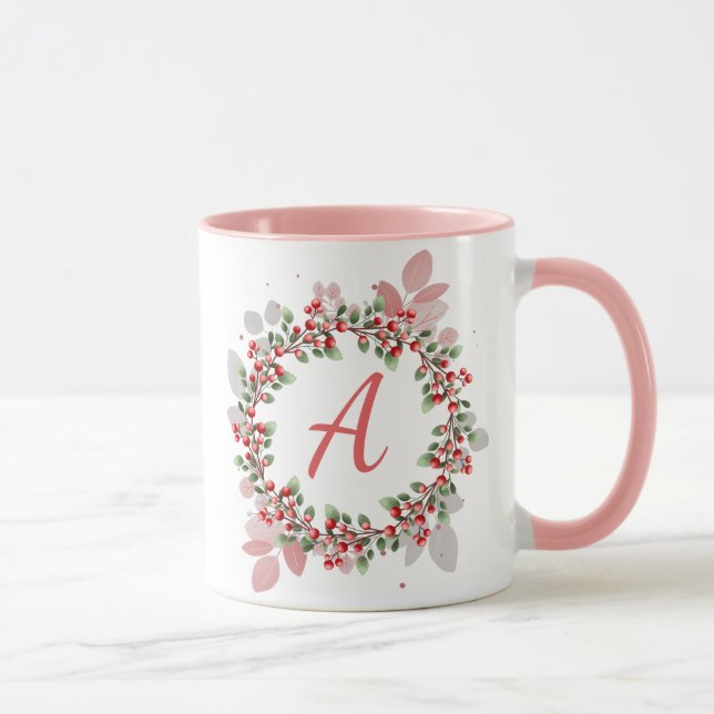 Monogram Christmas Berry Wreath Mug (Right)