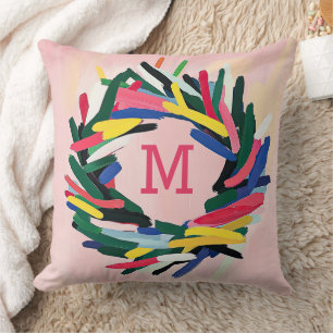 Monogram Christmas Bold Colourful Wreath Throw Pillow