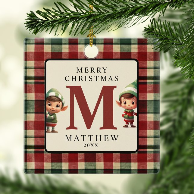 Monogram Christmas Elf Photo Tree Ceramic Ornament (Creator Uploaded)