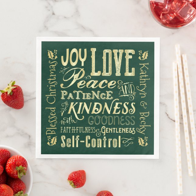 Monogram Christmas Fruit of the Spirit Gold Green Napkin (Insitu)