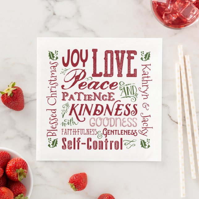 Monogram Christmas Fruit of the Spirit Red Green Napkin (Insitu)