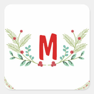 Monogram Christmas Greenery Design Square Sticker