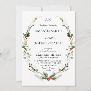 monogram Christmas greenery Winter Photo wedding Invitation
