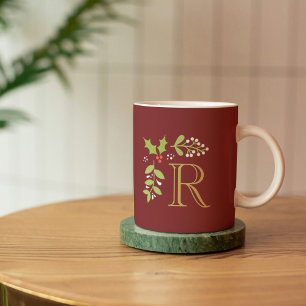 Monogram Christmas Holly & Mistletoe Coffee Mug