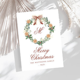 Monogram Christmas Oranges Wreath Bow Non Photo Holiday Card