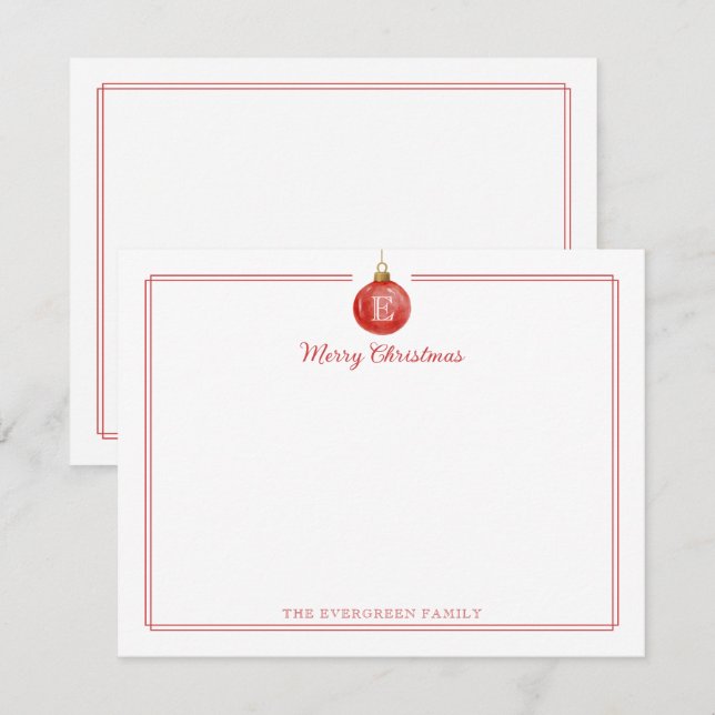 Monogram Christmas Ornament Red Border Stationery Card (Front/Back)