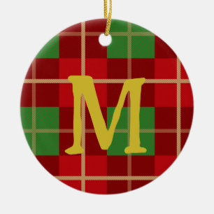 Monogram Christmas Plaid Red And Green Chequered Ceramic Ornament