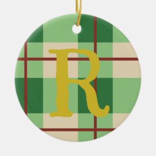 Monogram Christmas Plaid Red And Green Chequered Ceramic Ornament