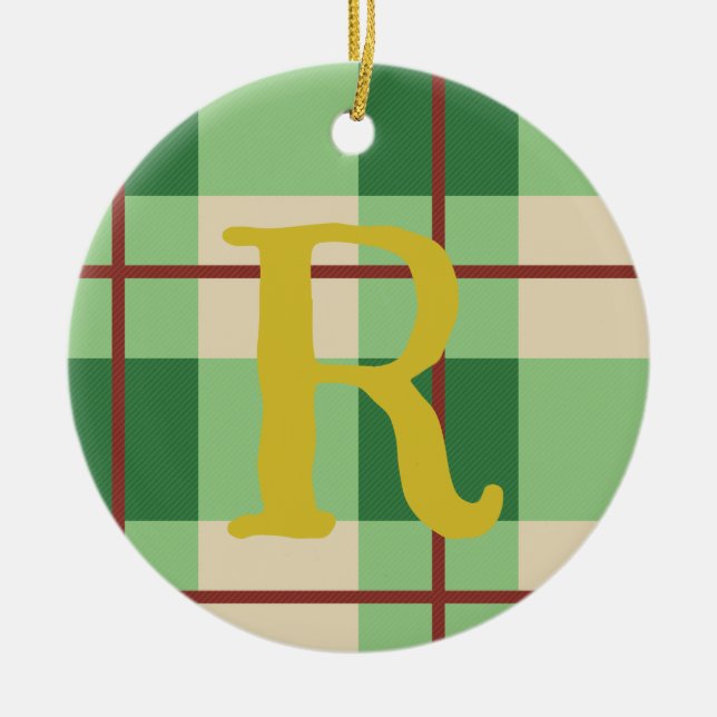 Monogram Christmas Plaid Red And Green Chequered   Ceramic Ornament (Front)