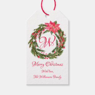 Monogram Christmas Poinsettia Wreath Gift Tags