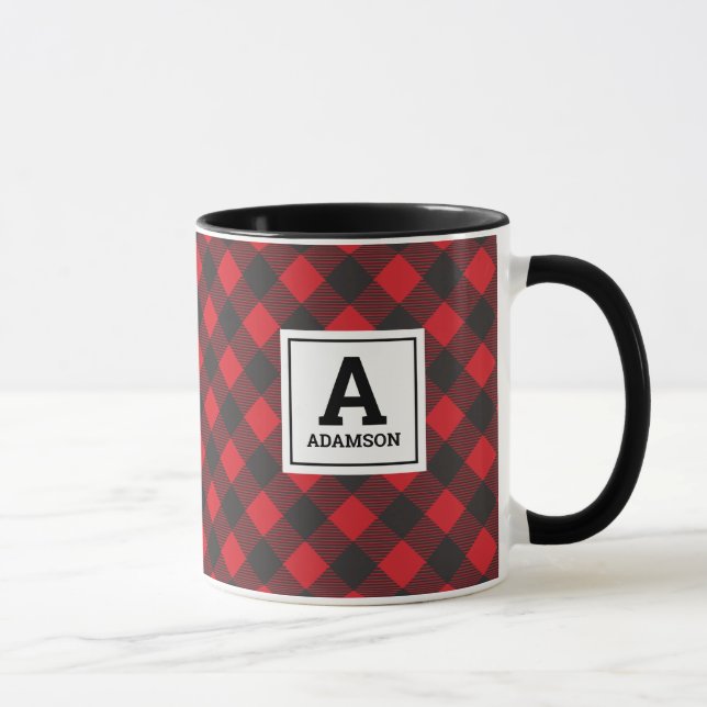 Monogram Christmas Red Black Buffalo Plaid Mug (Right)