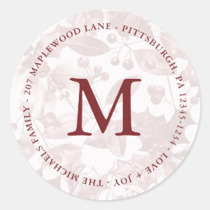 Monogram Christmas Red Botanical Pattern Address Classic Round Sticker