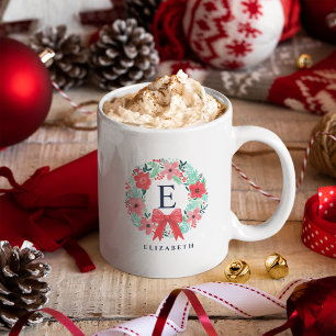 Monogram Christmas Red Bow Wreath Holiday Two-Tone Coffee Mug