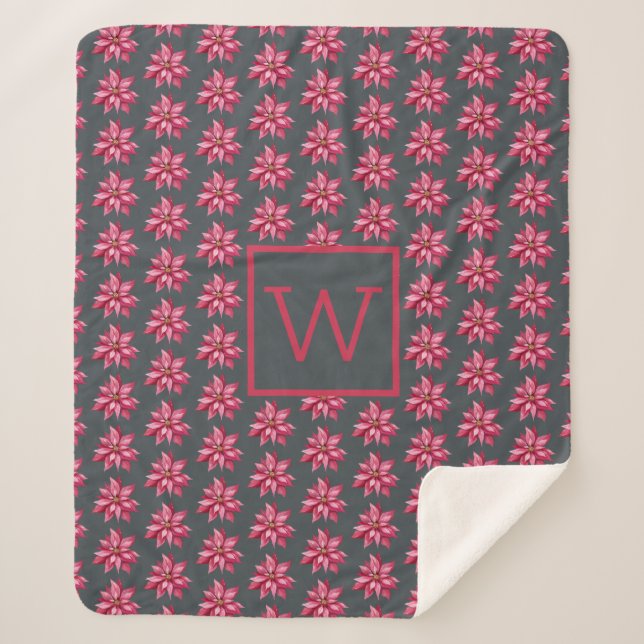 Monogram Christmas Red Poinsetta Floral Off-Black Sherpa Blanket (Front)