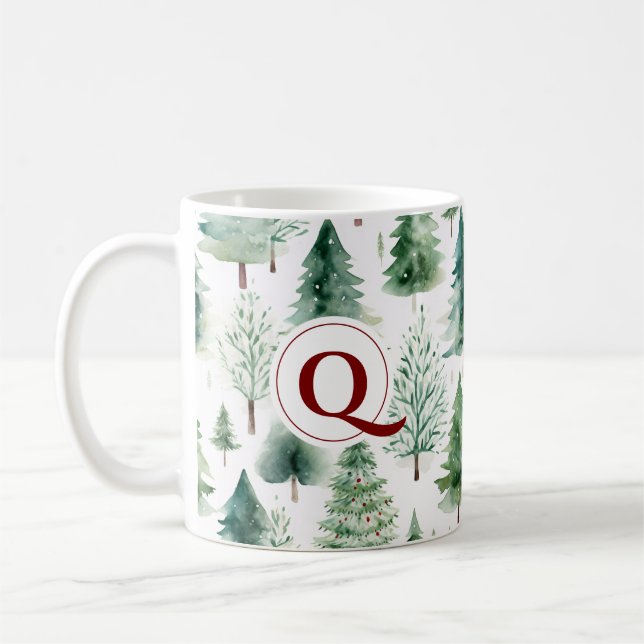 Monogram Christmas Tree Watercolor Greenery Coffee Mug (Left)