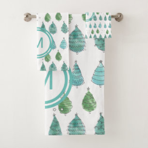 Monogram Christmas Trees Teal Bath Towel Set