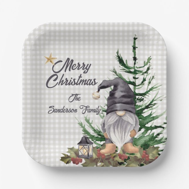 Monogram Christmas Watercolor Gnome Apron Paper Plate (Front)