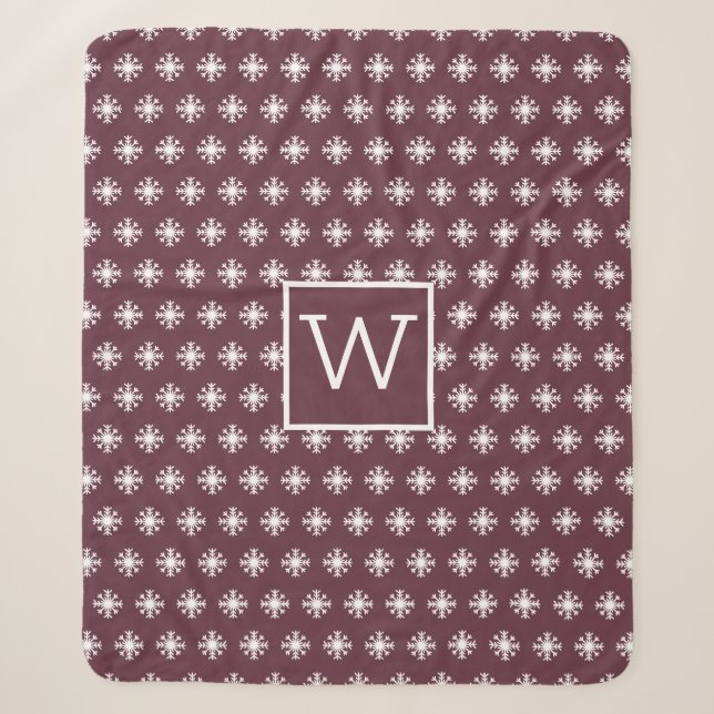 Monogram Christmas White Snow Crystal Burgundy Sherpa Blanket (Front)