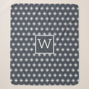 Monogram Christmas White Snow Crystal Dark Blue Sherpa Blanket