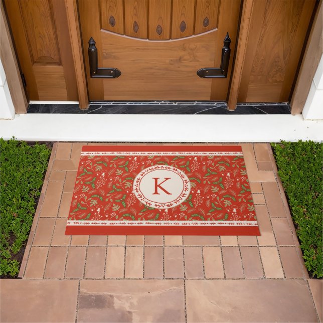 Monogram Christmas Woodlands Red Doormat (Outdoor)