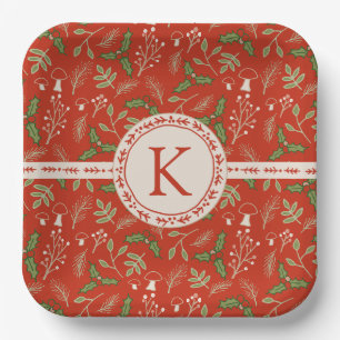 Monogram Christmas Woodlands Red Paper Plate