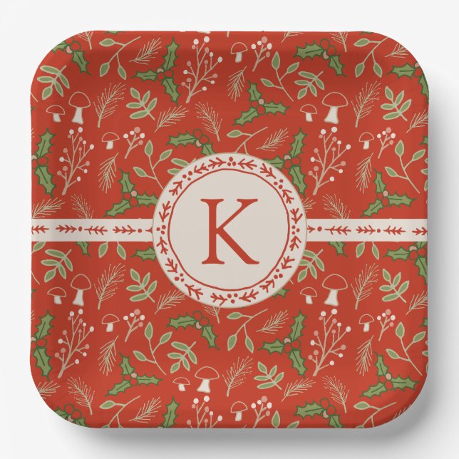 Monogram Christmas Woodlands Red Paper Plate (Front)