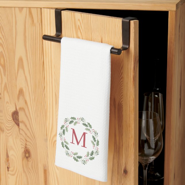 Monogram Christmas Wreath Holly Berries Holiday Kitchen Towel (Thirds Fold)