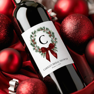 Monogram Christmas Wreath Wine Label