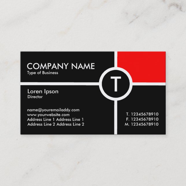 Monogram Circle Cross (Red) - Black Business Card (Front)