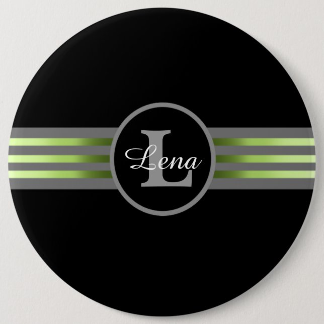 Monogram Circle Silhouette Black and Grey Stripes 6 Inch Round Button (Front)