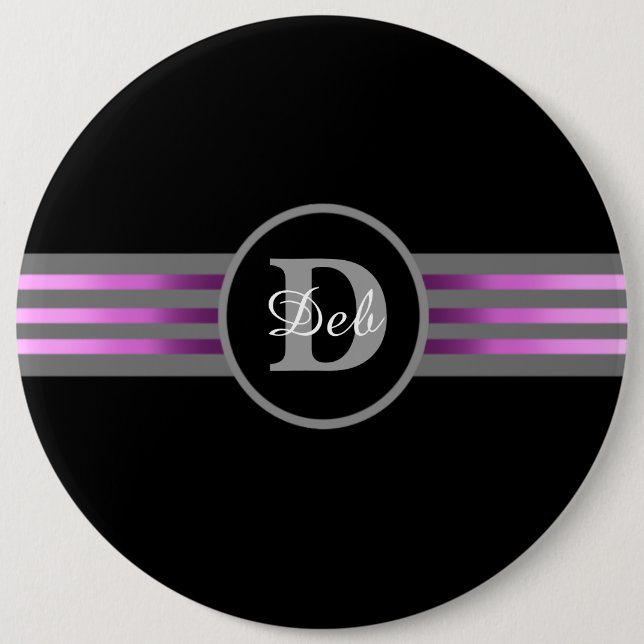 Monogram Circle Silhouette Black and Grey Stripes 6 Inch Round Button (Front)