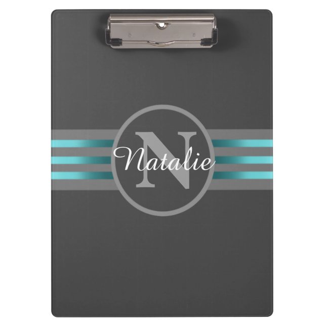 Monogram Circle Silhouette Black and Grey Stripes Clipboard (Front)
