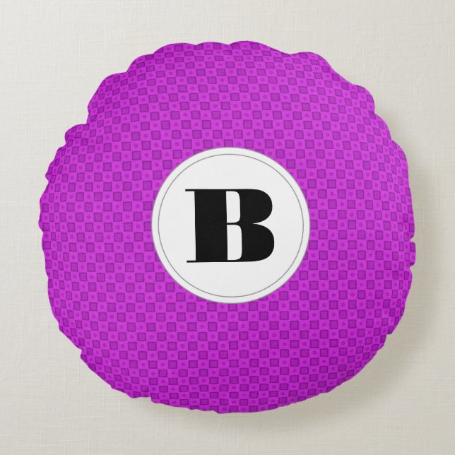Monogram circles and squares on a purple pattern round pillow (Front)