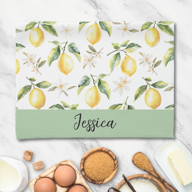 Monogram Citrus Lemon Fruit Botanical Pattern Kitchen Towel (In situ)