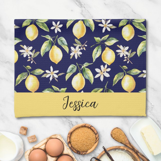 Monogram Citrus Lemon Fruit Botanical Pattern Kitchen Towel (In situ)